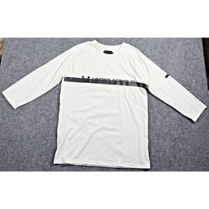 Under Armour Shirt Men's L White Long Sleeve Athletic Logo Black Stripe Logo